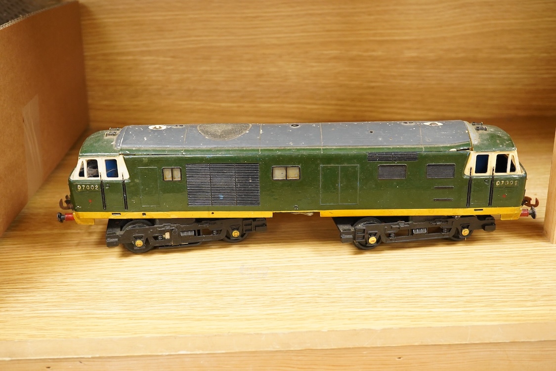 Seven 0 gauge coarse scale LMS and a private owner’s freight wagons, mainly of wood construction, together with the remains of a Tri-ang Big Big Train Class 35 Hymek diesel locomotive (8)